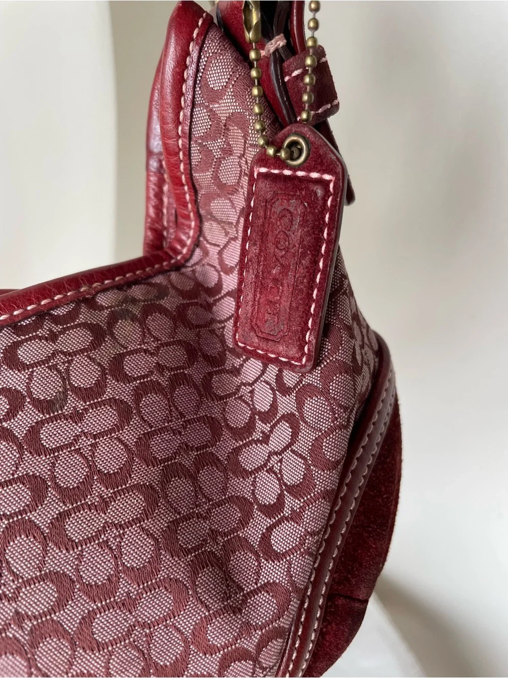 Vintage Coach Soho Mini Signature Hobo Bag Burgundy Canvas Suede Y2K 6351 - Picture 3 of 14